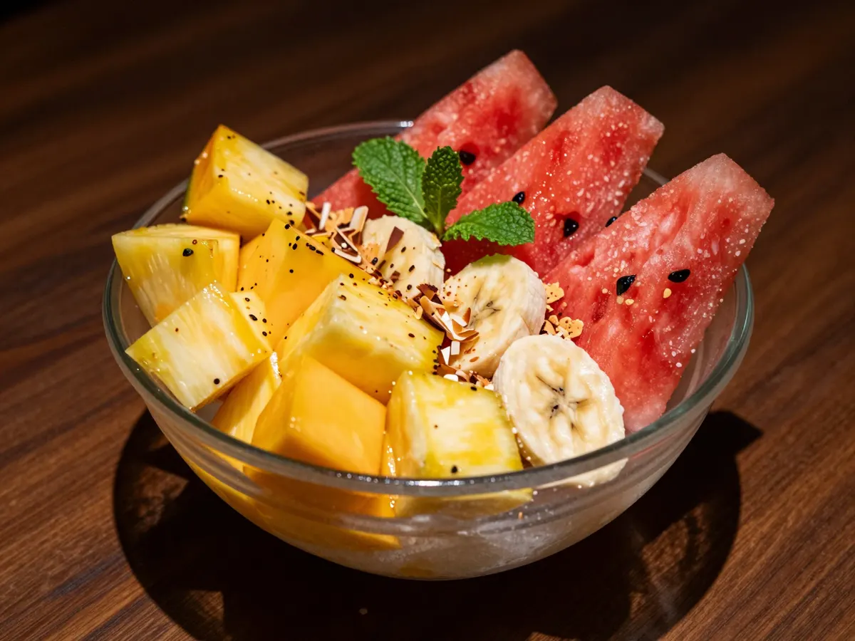 AI-generated photograph: Jewel bright cubes of pineapple, mango, papaya and watermelon with banana rounds in a chilled shallow glass bowl, toasted coconut flakes and tiny mint leaves on top