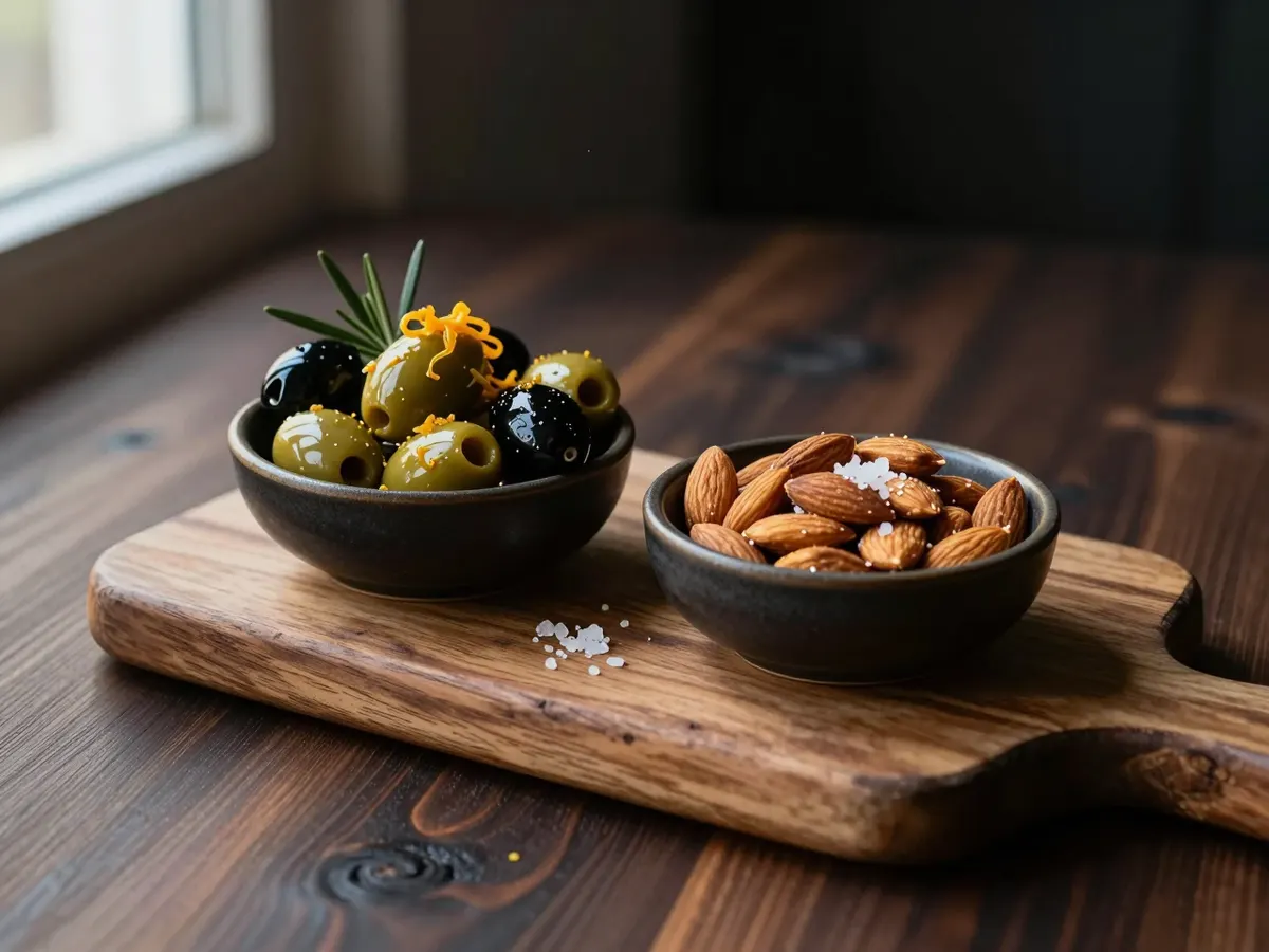 AI-generated photograph: Glossy green and black olives with curls of orange zest and rosemary in a small dark glazed bowl, beside a matching bowl of golden roast almonds flecked with sea salt, on a weathered olive wood board