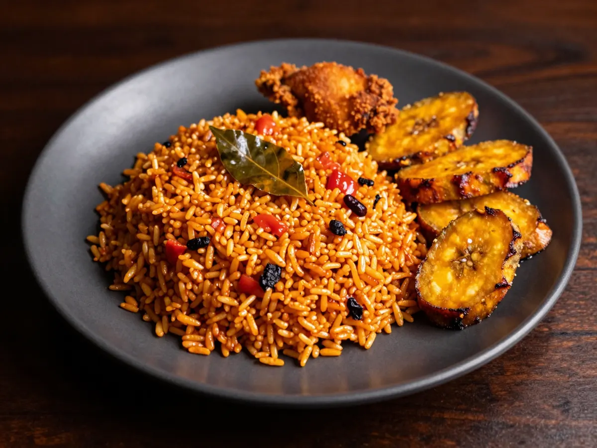 AI-generated photograph: Nigerian party jollof rice in a serving dish, deep orange-red, with fried plantain on the side