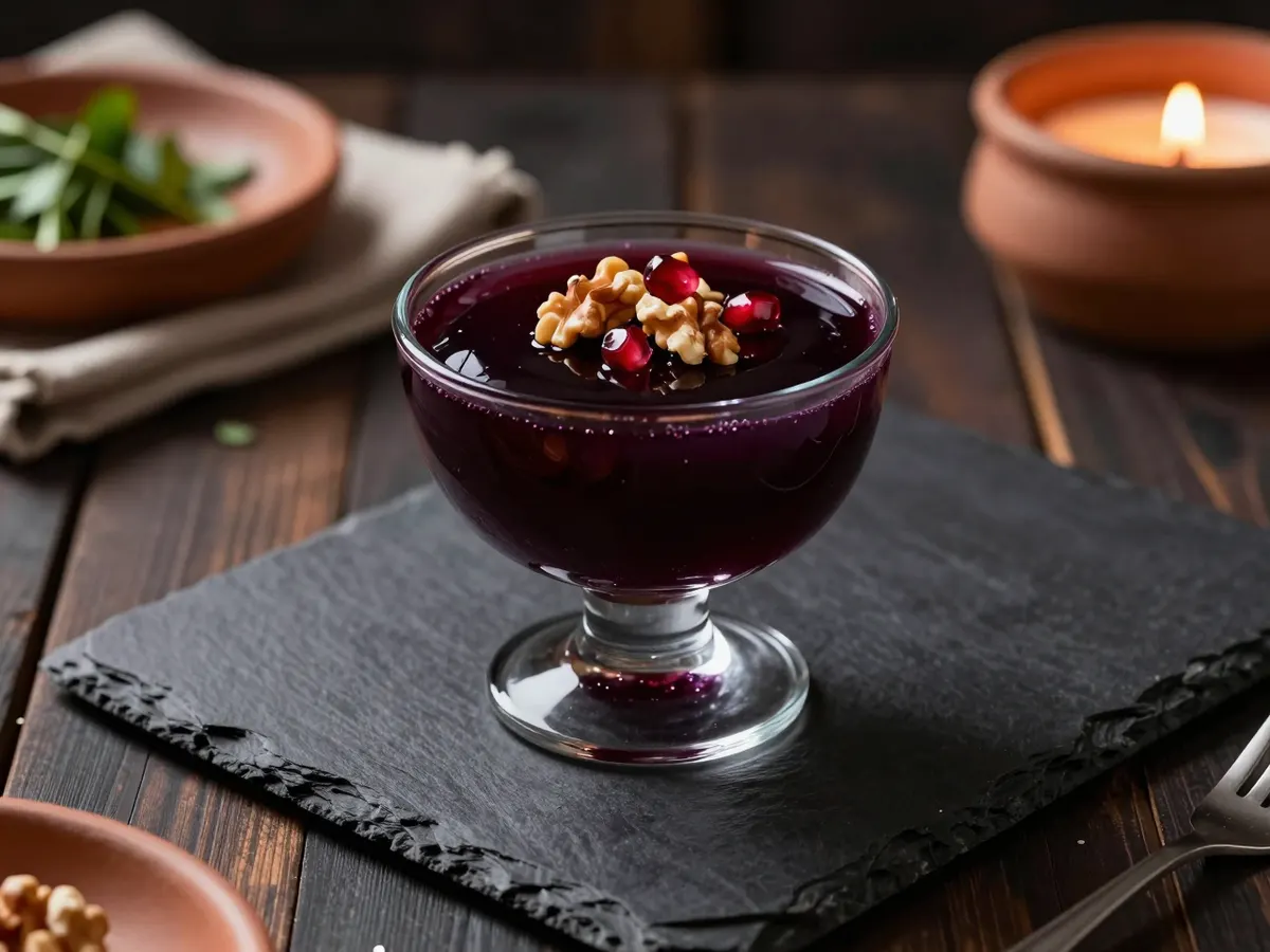 AI-generated photograph: A small stemmed glass of glossy deep purple set grape pudding topped with a little pile of golden toasted walnut pieces and a few ruby pomegranate seeds, on a dark slate, seen from a low side angle