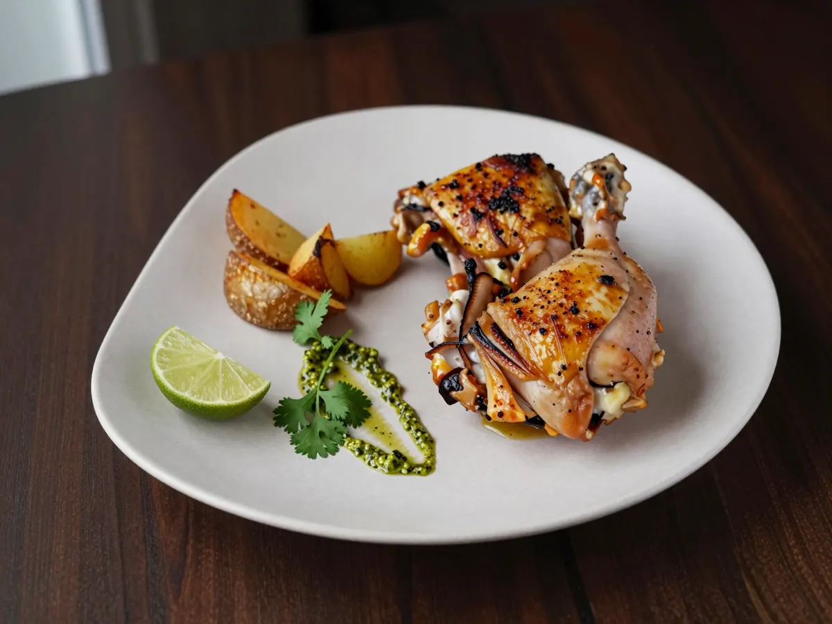 AI-generated photograph: Two crackling golden chicken thighs on a matte sand coloured plate with crisp roast potato chunks, a swoosh of bright green coriander sauce and a lime half