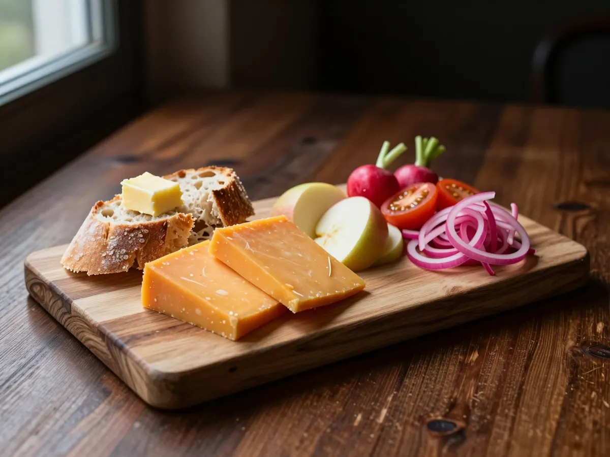 AI-generated photograph: A ploughman's board on pale wood: thick slabs of golden mature Cheddar, torn crusty bread with a curl of butter, crisp apple quarters, halved red cherry tomatoes, radishes with green tops and a heap of bright pink pickled onions