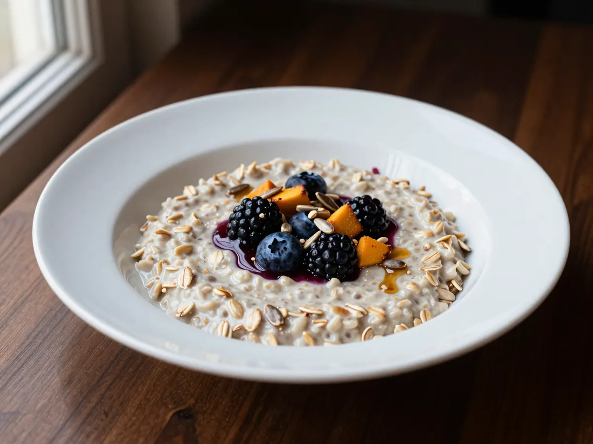 AI-generated photograph: Creamy porridge in a pale blue stoneware bowl, a pool of glossy warm purple berries in the centre and toasted pumpkin and sunflower seeds scattered across one side