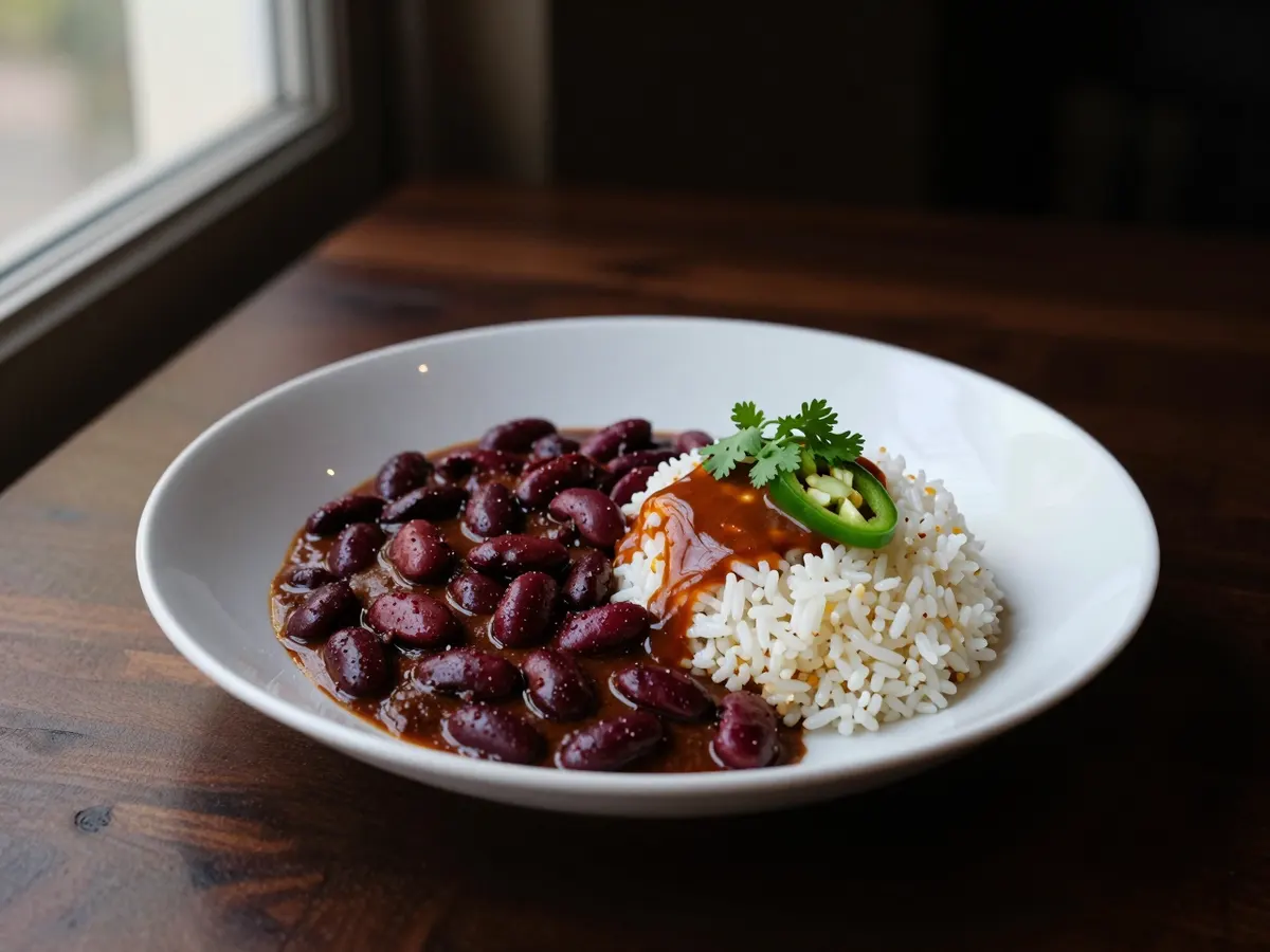AI-generated photograph: Deep red kidney bean curry in a wide shallow bowl with a neat mound of cumin rice to one side, a swirl of gravy, fresh coriander and a thin slice of green chilli on top