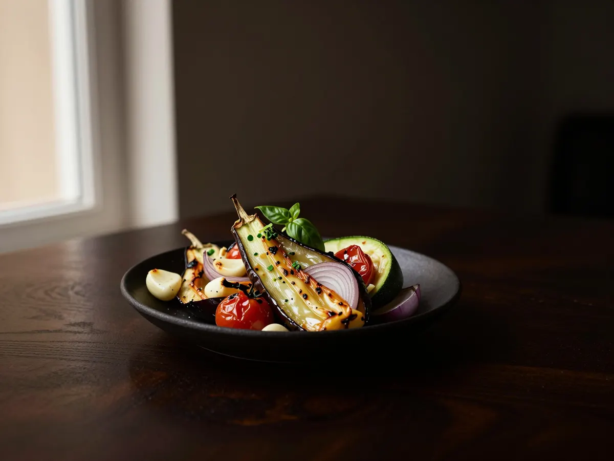 AI-generated photograph: Roasted peppers, aubergine, courgette and red onion piled on an oval charcoal platter, charred at the edges, with blistered cherry tomatoes, soft garlic cloves and torn green basil