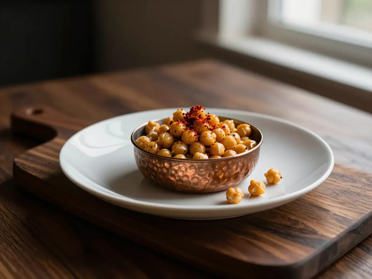 AI-generated photograph: Golden roasted chickpeas dusted with red spice in a small hammered copper bowl on a dark wooden board, a few loose chickpeas scattered beside it