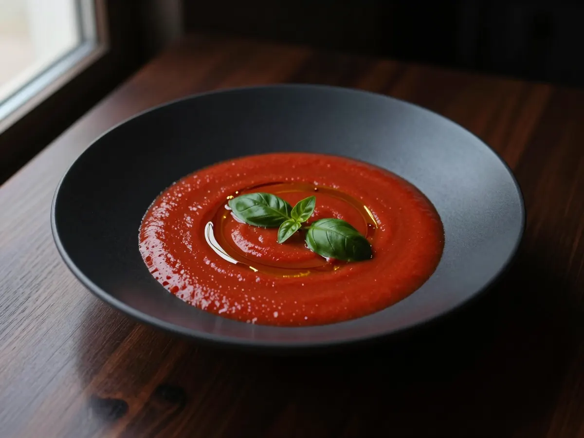AI-generated photograph: Deep red roasted tomato soup in a wide matte black bowl, a glossy ribbon of olive oil and a cluster of tiny basil leaves floating in the centre