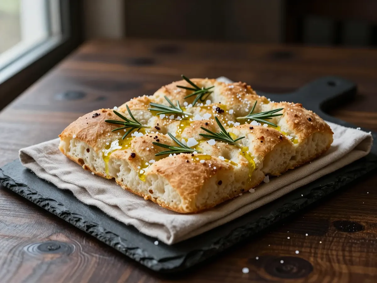 AI-generated photograph: Squares of golden rosemary focaccia stacked on a pale linen napkin on a dark slate board, glistening with olive oil, flakes of sea salt and green rosemary needles in the dimples