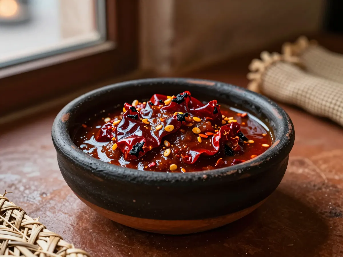 AI-generated photograph: A small round black clay bowl of dark brick red smoky salsa with an oily sheen and flecks of chilli seed