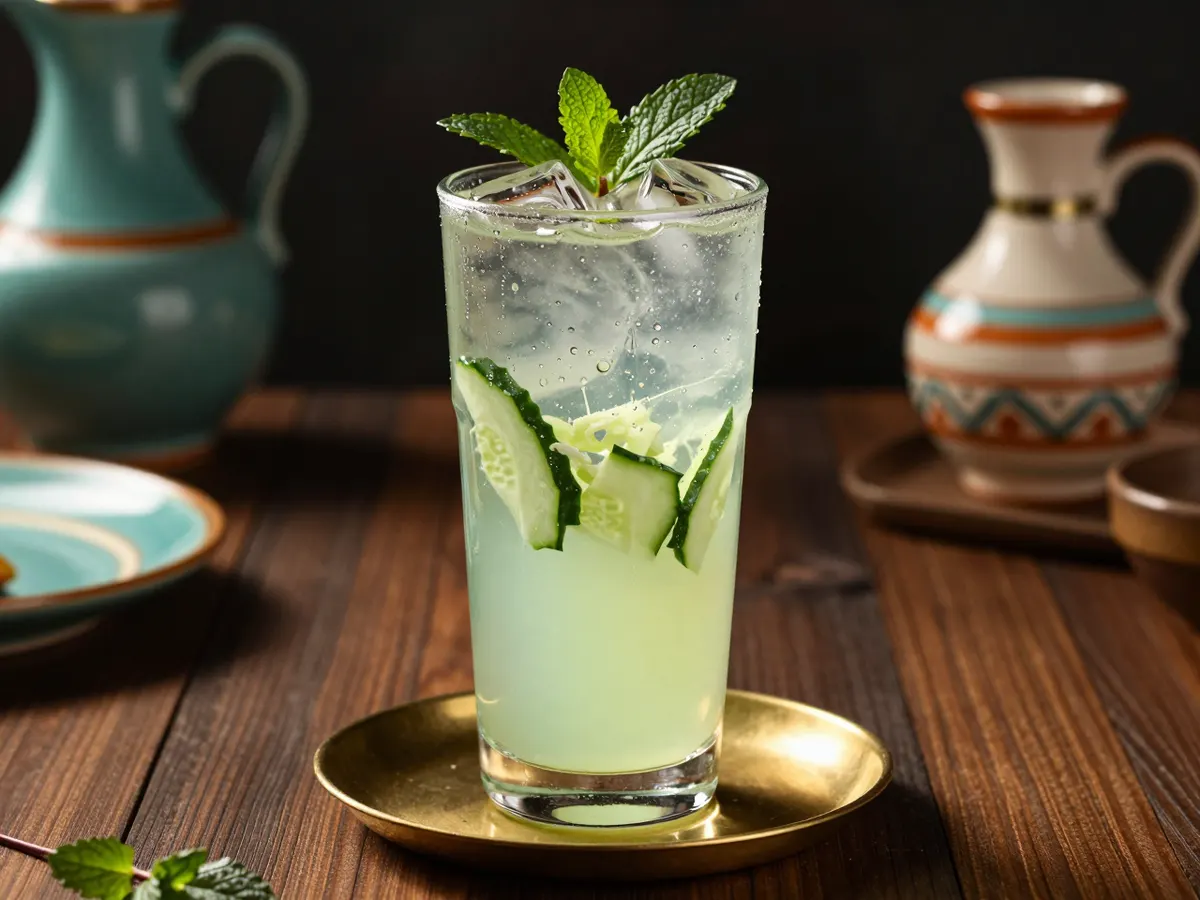 AI-generated photograph: A tall clear glass of pale green mint syrup drink over ice with flecks of grated cucumber floating in it, a bright sprig of mint on top, beads of cold water on the glass, on a dark walnut surface