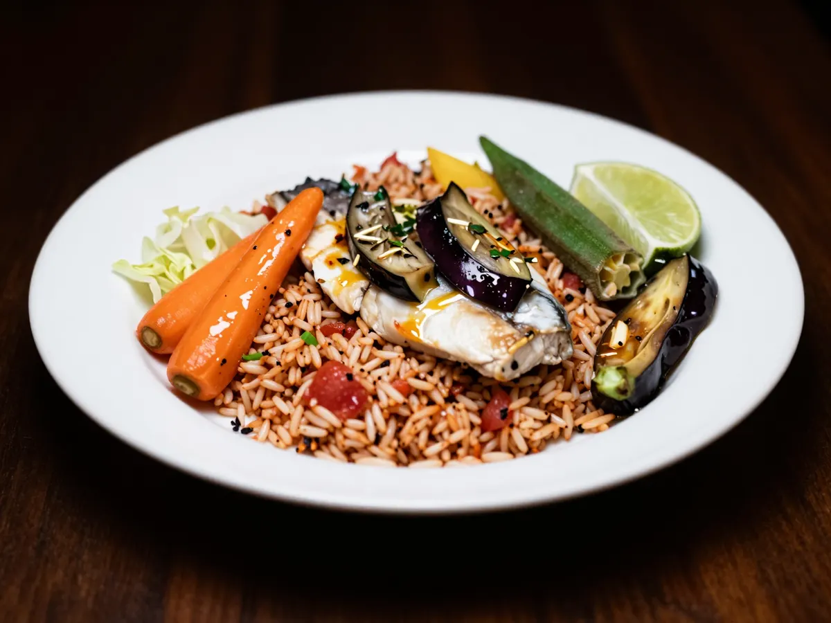 AI-generated photograph: Thieboudienne on a wide shallow white platter: tomato red rice topped with a herb stuffed fish steak, glossy carrot, cabbage, aubergine and okra, and a lime wedge