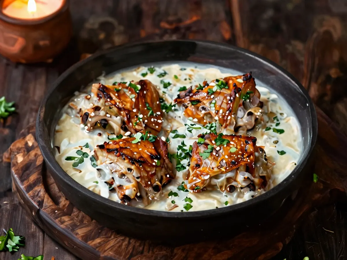 AI-generated photograph: Crisp golden chicken thighs sitting in a shallow black clay pan of creamy white garlic sauce flecked with chopped garlic and green coriander, the pan on a dark wooden board, seen from a high three quarter angle