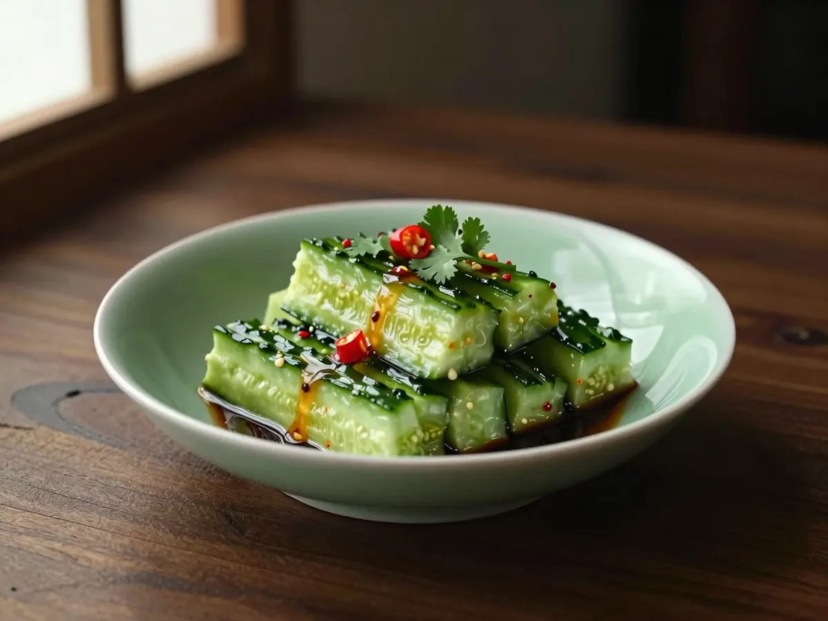AI-generated photograph: Ragged pieces of smashed cucumber piled in a shallow celadon green bowl, glossy with a dark dressing, flecked with red chilli and bright coriander leaves