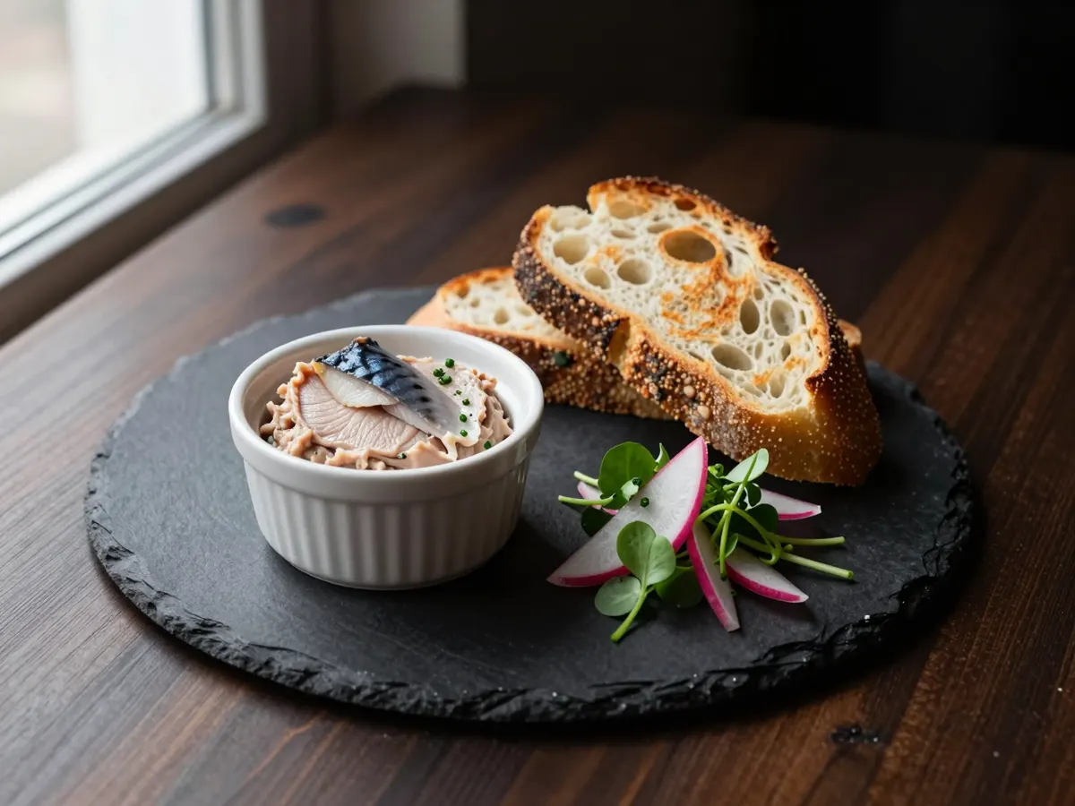 AI-generated photograph: A small white ramekin of pale pink smoked mackerel pâté on a slate plate, golden sourdough toast cut on the slant, a little tangle of watercress with fine pink radish slices and snipped chives