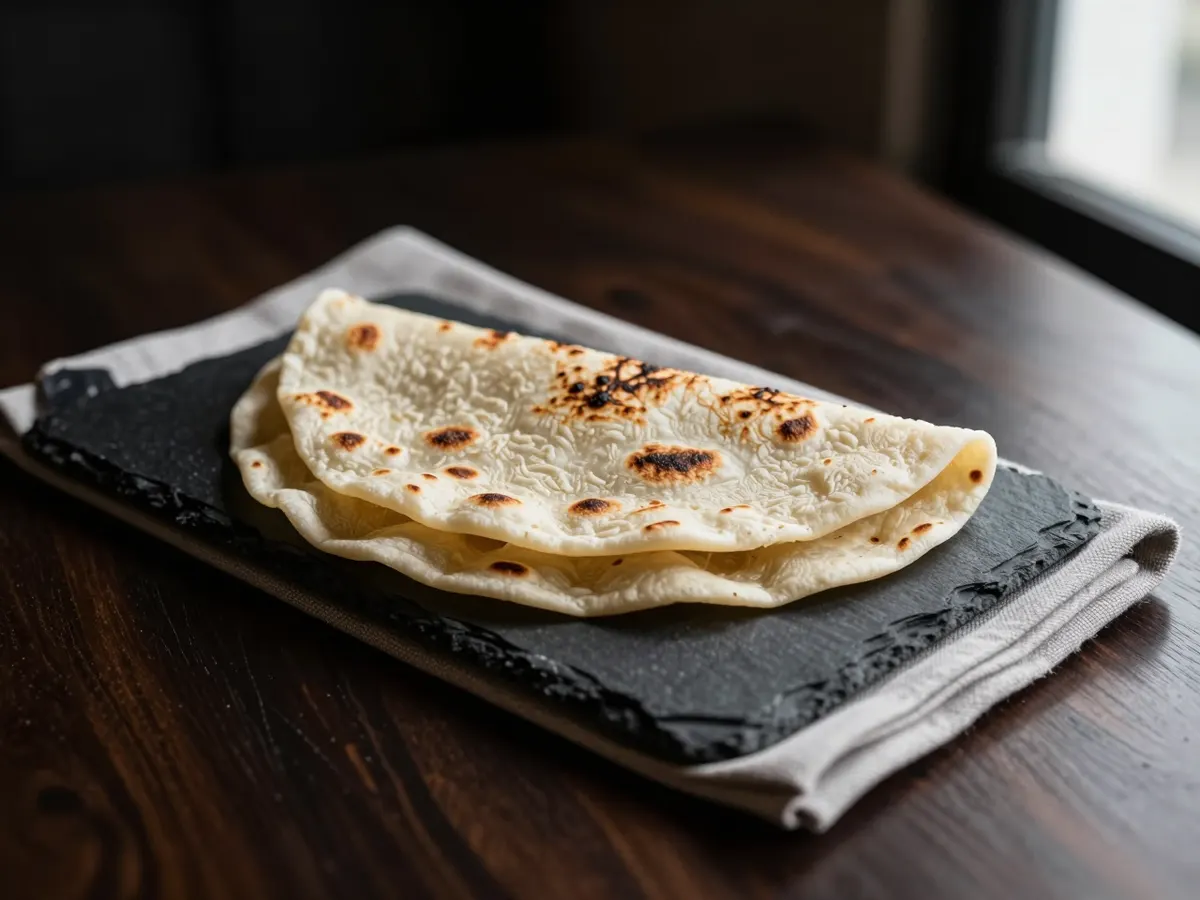 AI-generated photograph: Three soft folded chapatis with toasted brown spots stacked on a dark slate board, a folded linen napkin beneath