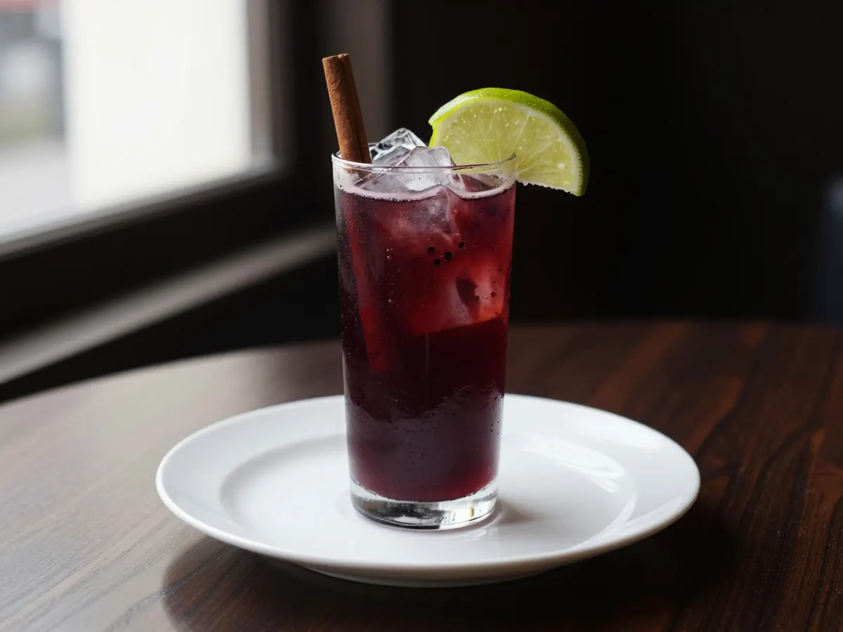 AI-generated photograph: A tall clear glass of deep ruby sorrel over ice with a thin wheel of lime on the rim, a cinnamon stick standing in the glass