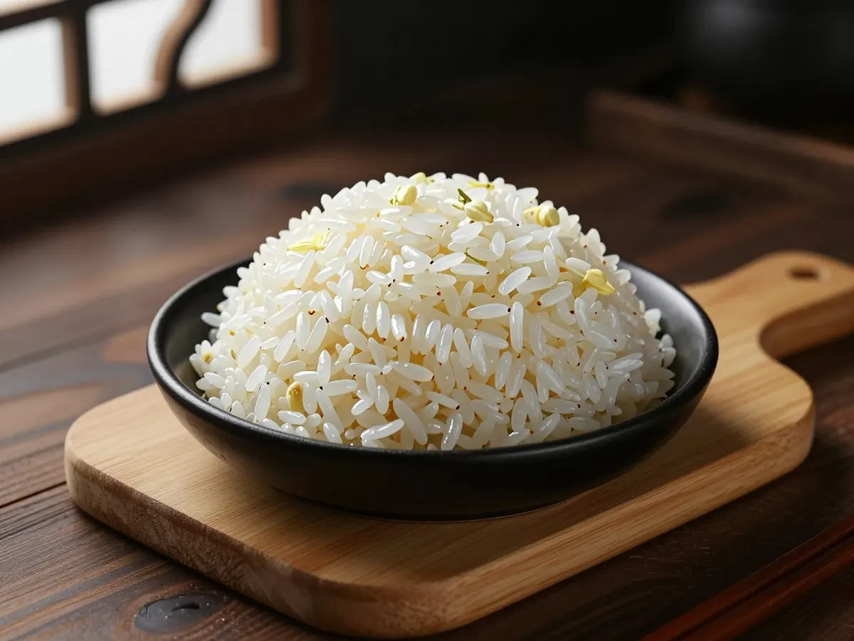 AI-generated photograph: A neat dome of steamed jasmine rice in a small matte black bowl, each grain glossy and separate, set on a pale wooden board