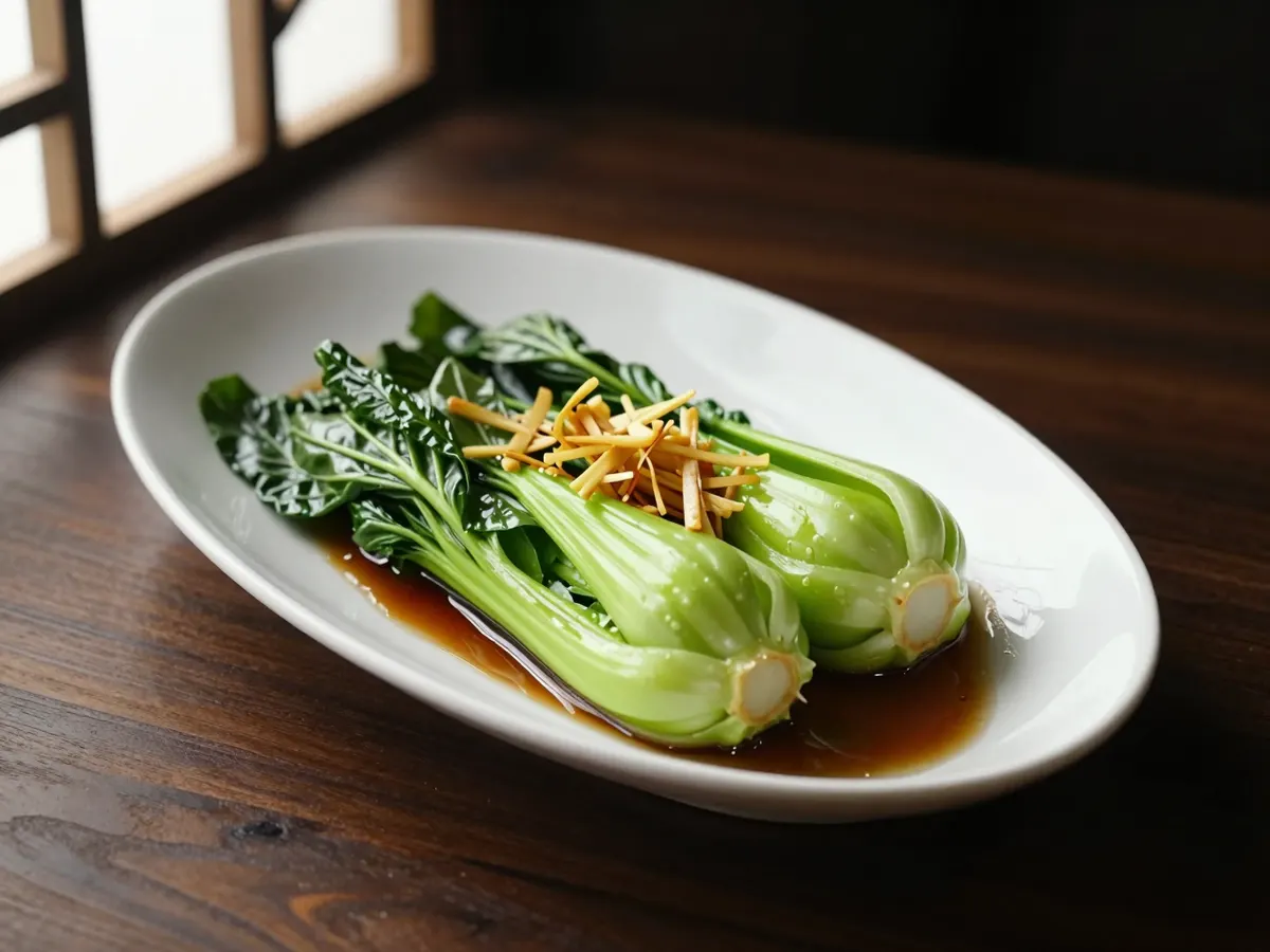 AI-generated photograph: Halved heads of glossy pak choi laid cut side up on a long white porcelain plate, golden slivers of garlic and ginger spooned over and a pool of dark glaze