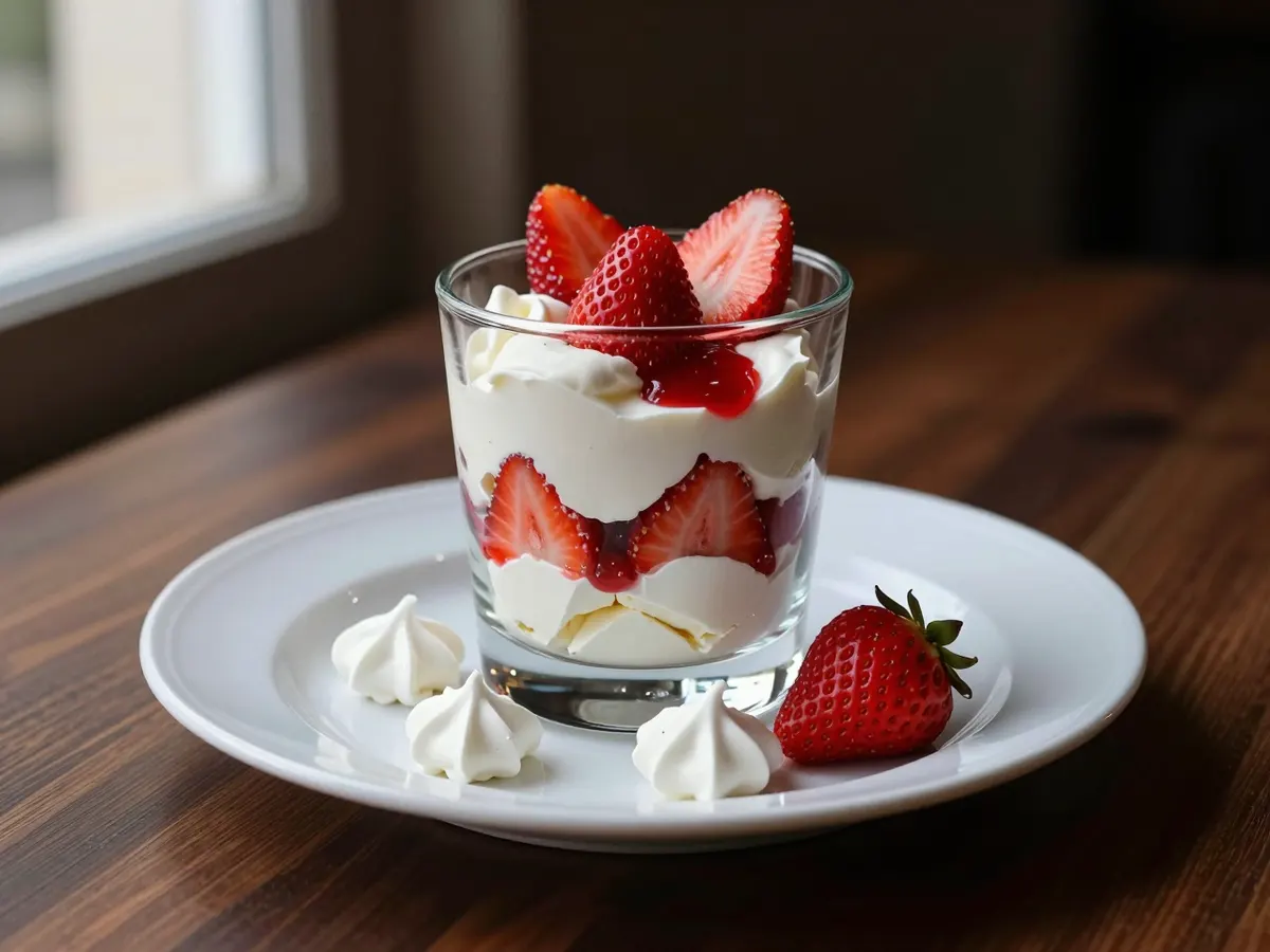 AI-generated photograph: Eton mess layered in a tall clear coupe glass, ripples of crushed white meringue, softly whipped vanilla cream and glossy red strawberry, a whole strawberry and a small mint leaf on top