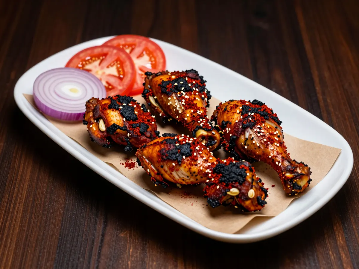 AI-generated photograph: Suya spiced chicken thighs, deep russet with a dusting of spice, on a matte charcoal plate with charred sweet potato and red pepper, a fan of sliced tomato, red onion and shredded cabbage, and a wedge of lime