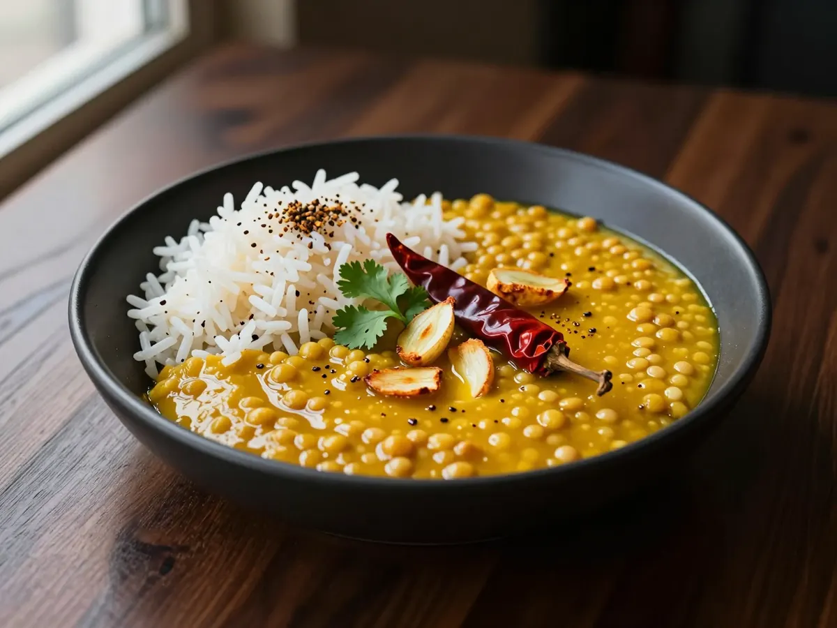 AI-generated photograph: Golden tarka dal in a wide matte black bowl, a swirl of ghee with cumin seeds, fried garlic and a whole red chilli on top, cumin rice in a small mound beside it