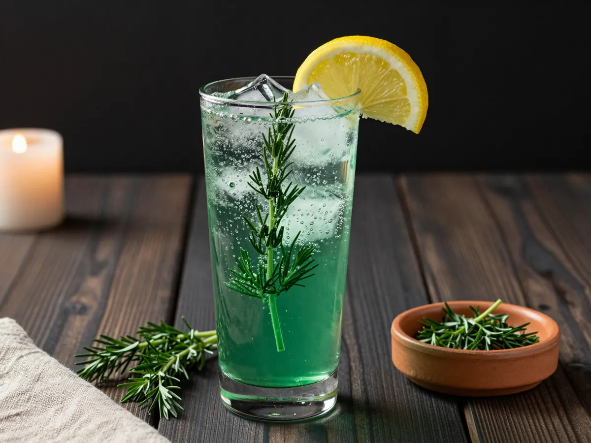 AI-generated photograph: A tall straight glass of pale green sparkling tarragon soda over clear ice, fine bubbles rising, a fresh sprig of tarragon standing in it and a thin lemon wheel on the rim, beads of cold on the glass