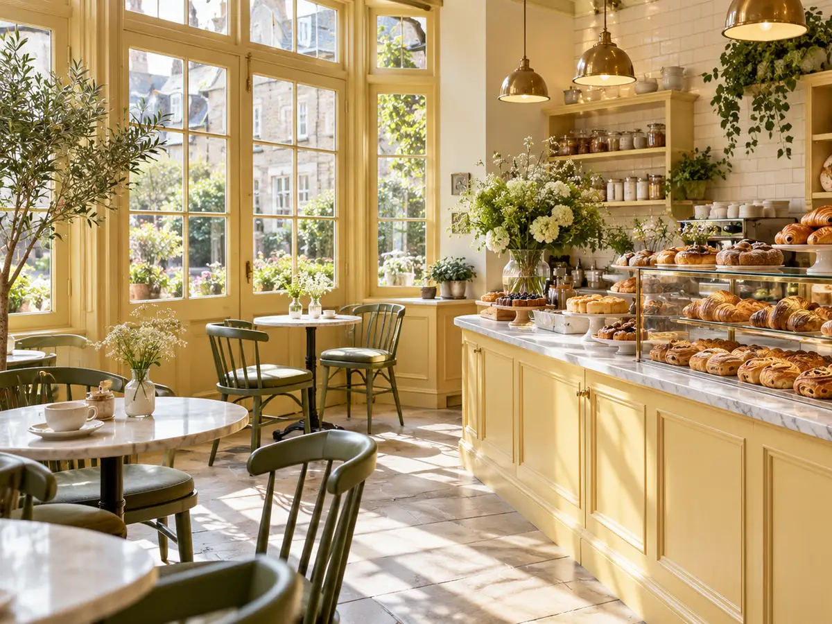 AI-generated photograph: A bakery café counter piled with loaves and pastries