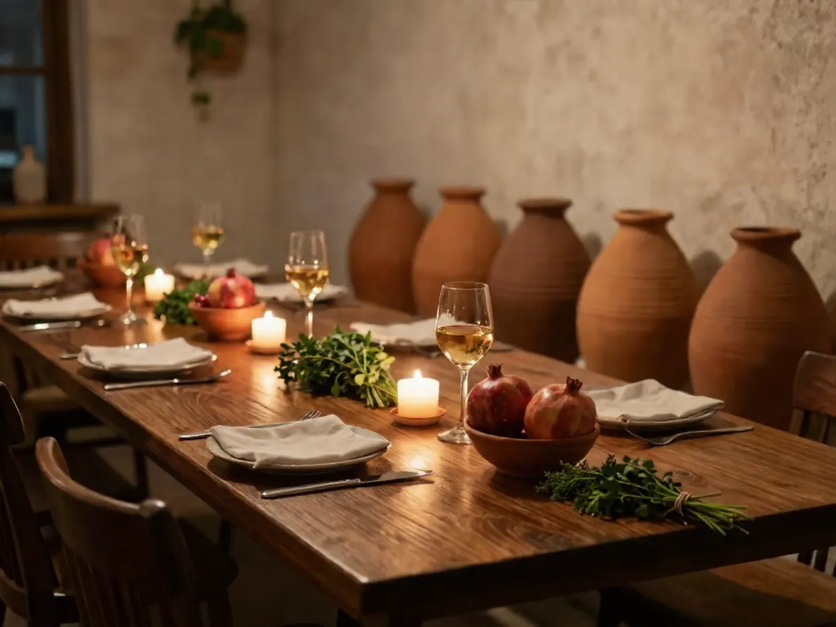 AI-generated photograph: A candlelit dining room with long shared tables of dark wood, terracotta clay pots and bunches of fresh herbs on the tables, tall clay wine jars along a bare plaster wall