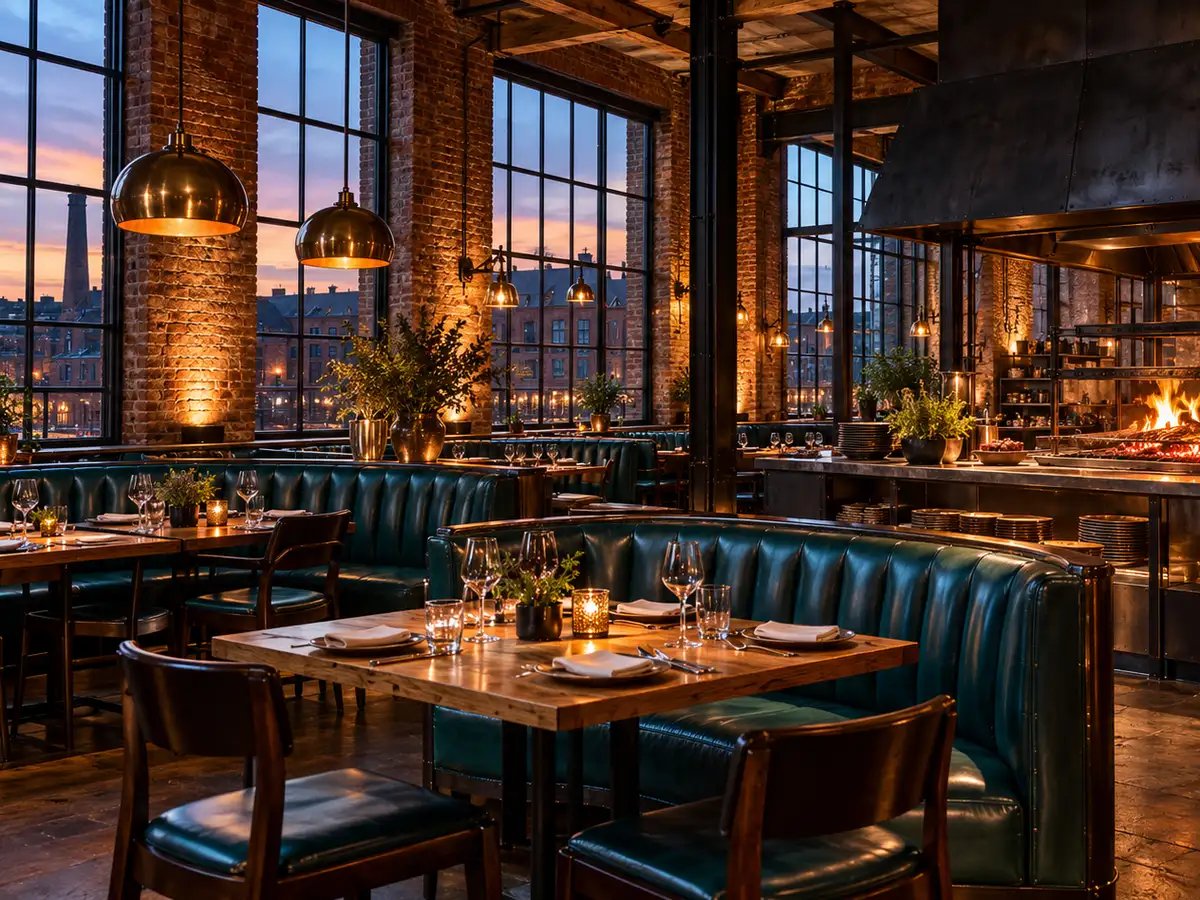 AI-generated photograph: A grill restaurant with an open charcoal kitchen and leather booths