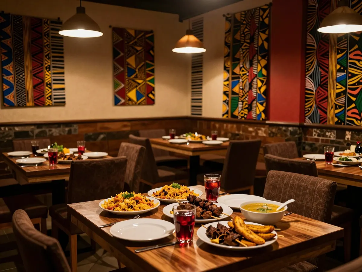 AI-generated photograph: A lively Nigerian restaurant with patterned fabric on the walls and shared plates on every table