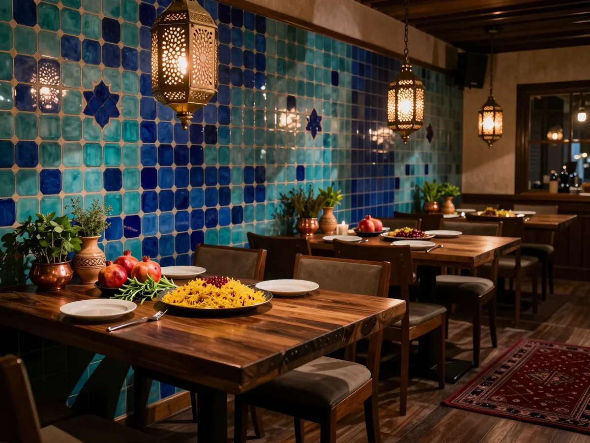 AI-generated photograph: A warm Persian dining room with a deep blue tiled wall, brass lanterns and long walnut tables laid with herbs and saffron rice