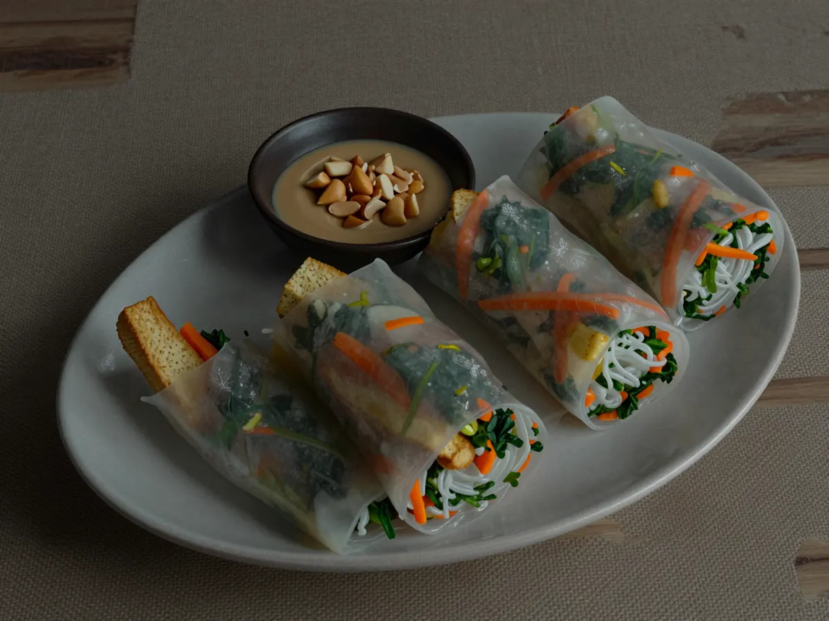 AI-generated photograph: Translucent rice paper rolls cut on a slant to show golden tofu, orange carrot, green herbs and white noodles, standing on a long pale grey plate with a small dark bowl of peanut dip and chopped peanuts