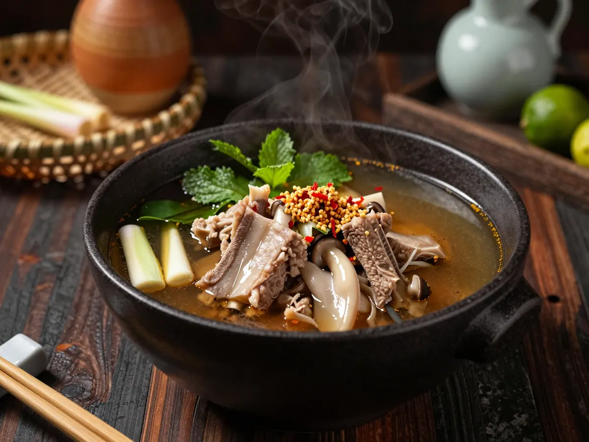 AI-generated photograph: A deep handleless black stoneware bowl of clear amber broth with short glossy pork ribs, torn oyster mushrooms and lemongrass pieces, a scatter of coriander, mint and toasted rice on the surface, steam rising, seen from a low side angle