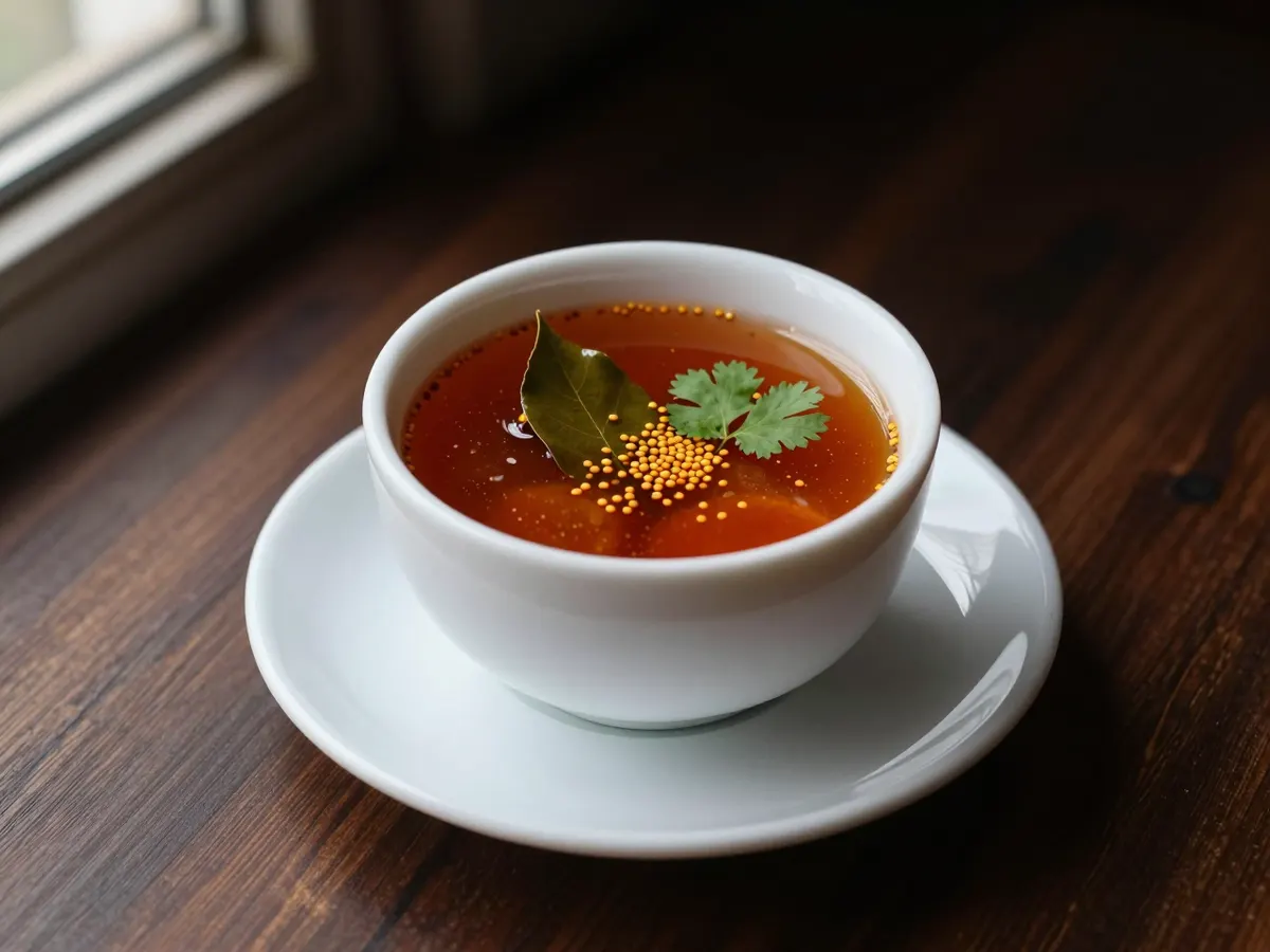 AI-generated photograph: A clear, russet tomato rasam in a small white porcelain cup on a saucer, glossy mustard seeds and two crisp curry leaves floating on top, a few coriander leaves