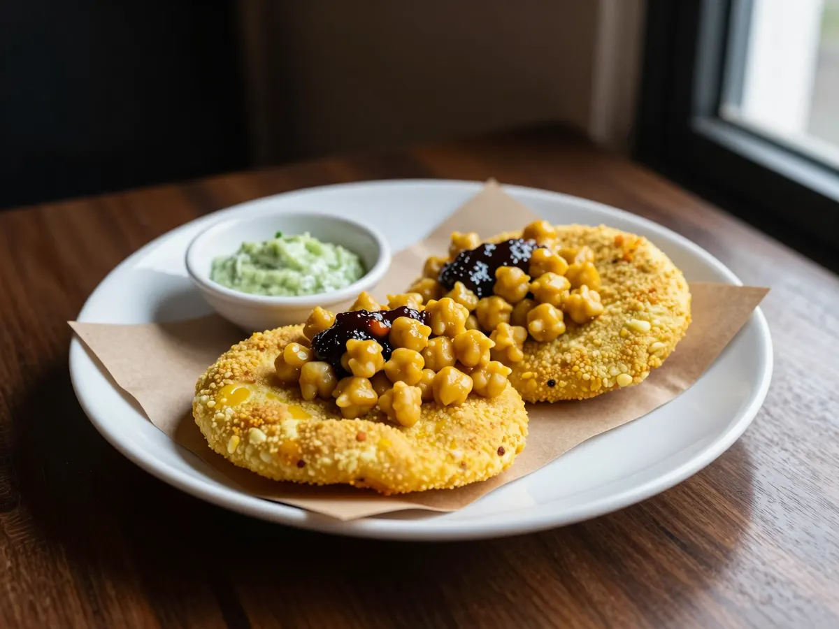 AI-generated photograph: Two overlapping golden bara on a white enamel plate, heaped with yellow curried chickpeas, topped with pale green cucumber and a dark drizzle of tamarind sauce, coriander leaves scattered over