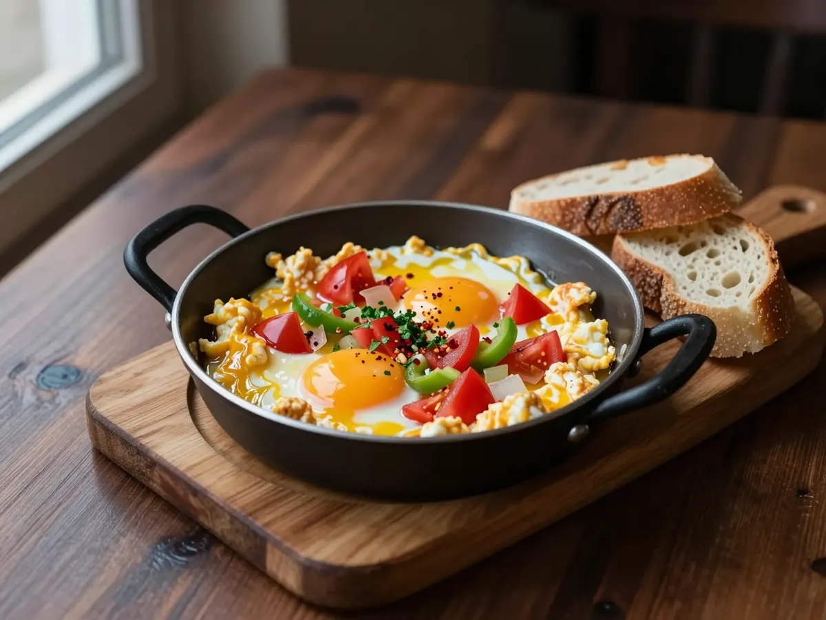 AI-generated photograph: Menemen in a small black iron pan, soft golden folds of egg through a deep red tomato and green pepper sauce, scattered with chopped parsley and dark red chilli flakes, on a worn wooden board