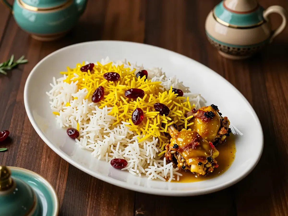 AI-generated photograph: An oval white platter seen from above with a mound of fluffy white basmati rice topped with bright saffron yellow rice and glossy red barberries, two saffron braised chicken thighs in a little golden sauce at one end