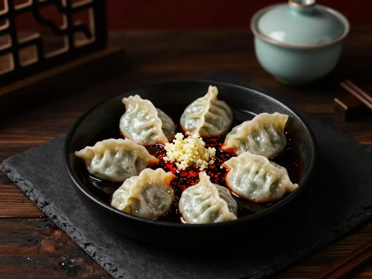 AI-generated photograph: Eight small half moon pork dumplings in a deep black ceramic bowl, glossy with dark sweet soy sauce and streaks of red chilli oil, a dab of white garlic paste on top, seen from directly above